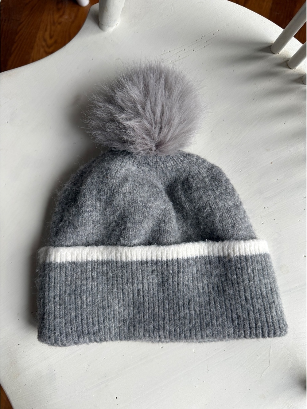 Max Studio Gray Knit Beanie with Faux Fur Pom Pom